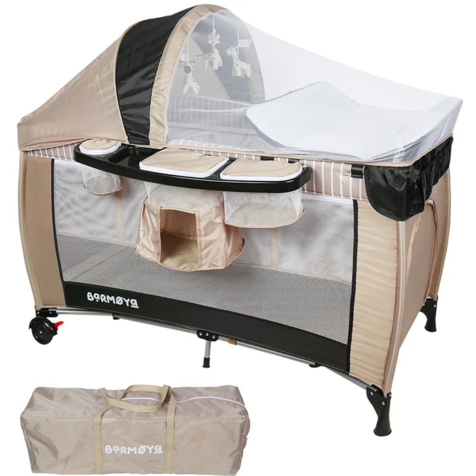 Barmøya 3-in-1 Baby-Reisebett mit Wickelauflage – Reisebett, Laufstall & Beistellbett beige
