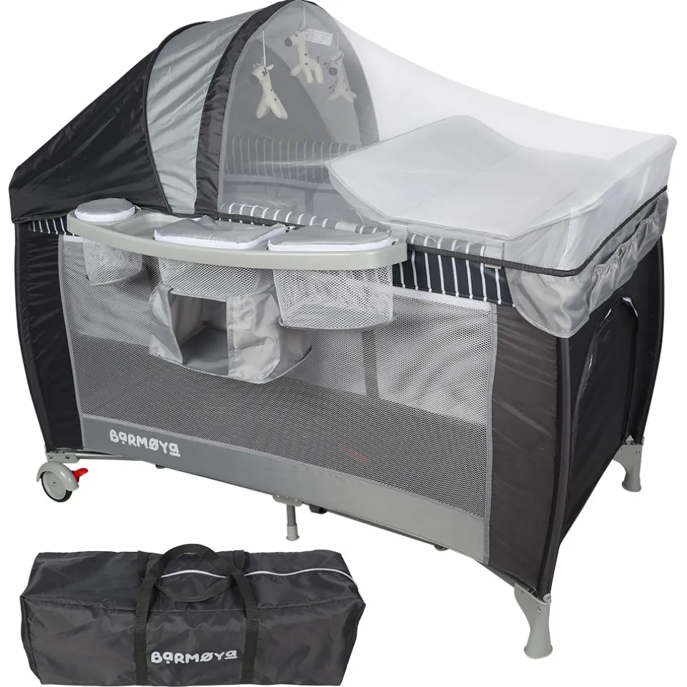 Barmøya 3-in-1 Baby-Reisebett mit Wickelauflage – Reisebett, Laufstall & Beistellbett grau