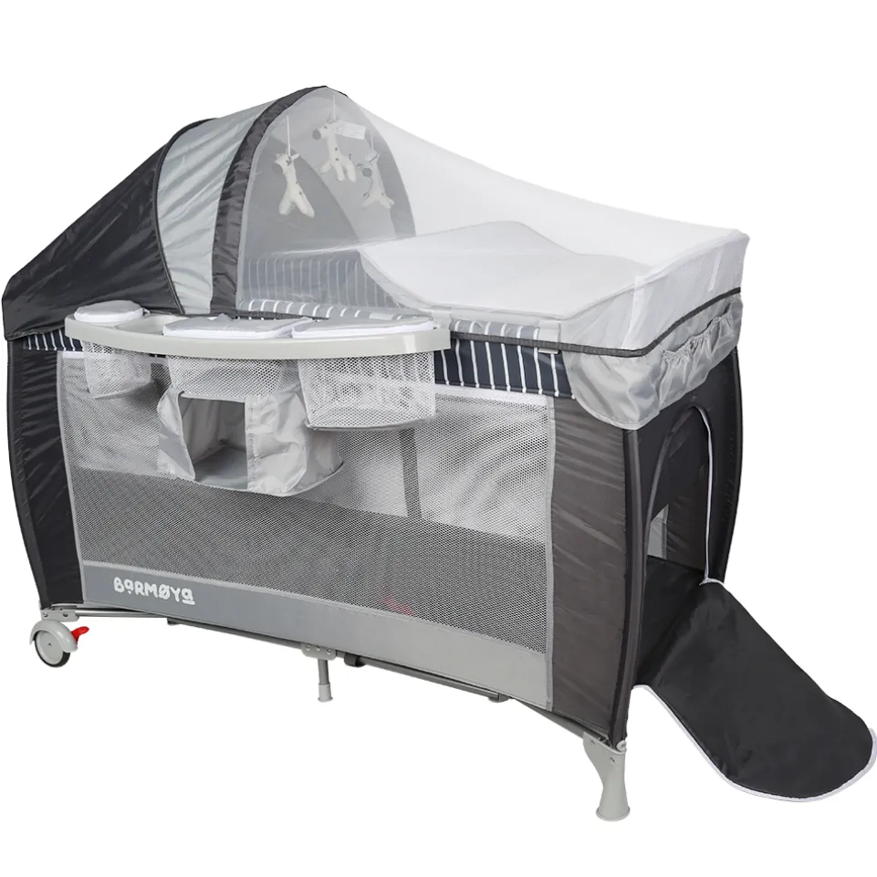 Barmøya 3-in-1 Baby-Reisebett mit Wickelauflage – Reisebett, Laufstall & Beistellbett grau