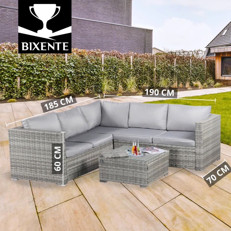 BIXENTE Polyrattan Garten-Lounge 5-Sitzer mit Tisch, Auflagen und Eisfach