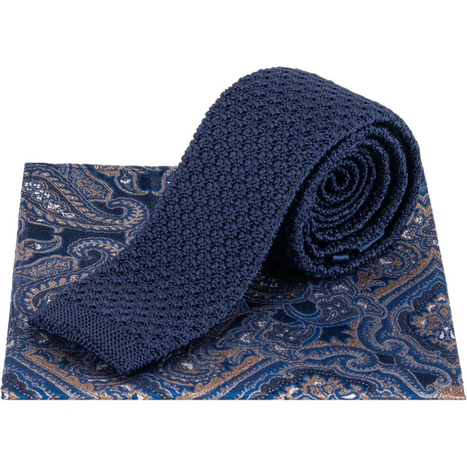 Lambretta Paisley Herren Strickkrawatte und Einstecktuch LAMAW2312-NAVY
