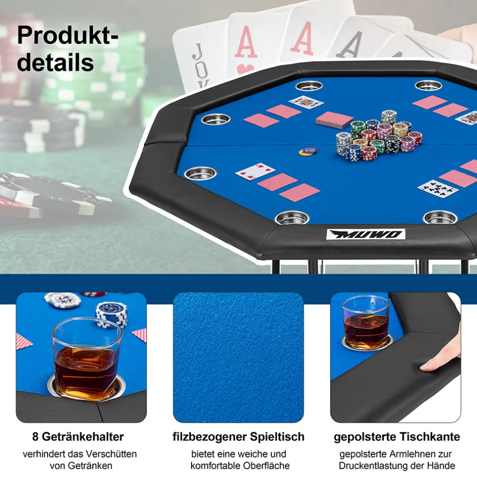 MUWO klappbarer Pokertisch für 8 Spieler blau